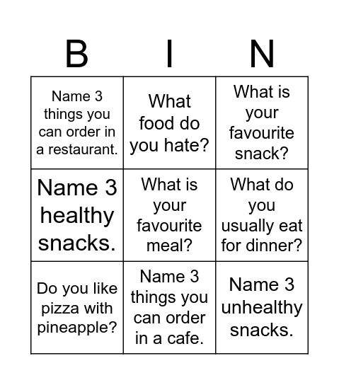 food questions Bingo Card