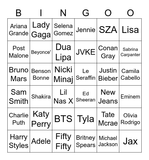 Famous Singer Bingo Card