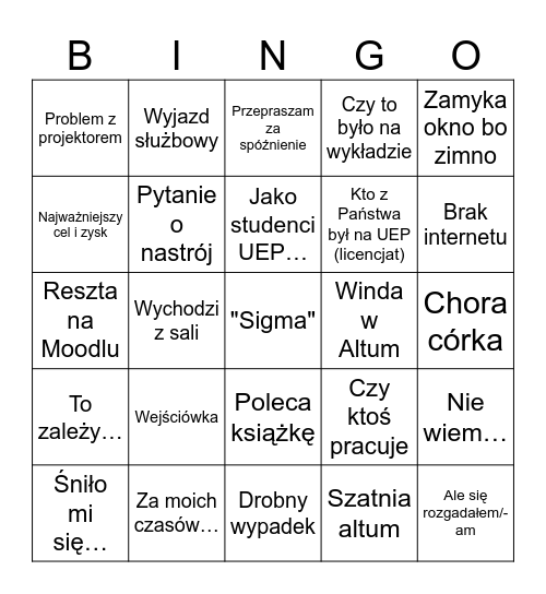 Bingo UEP Bingo Card