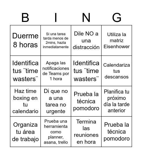 Gestión del tiempo Bingo Card