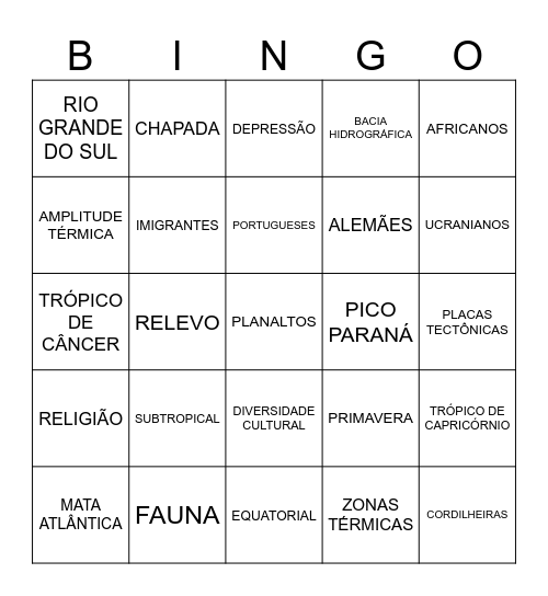 REGIÕES DO BRASIL Bingo Card