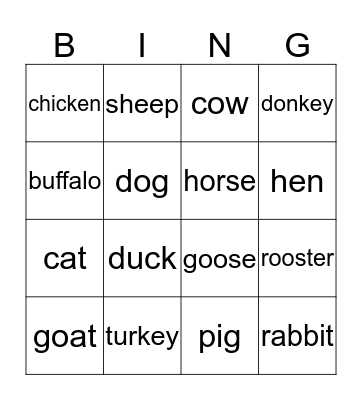 Farm animals  Bingo Card