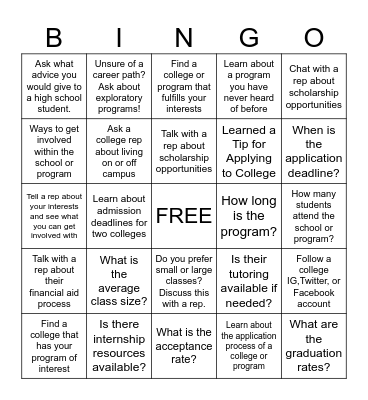 College & Career Fair Bingo! Bingo Card