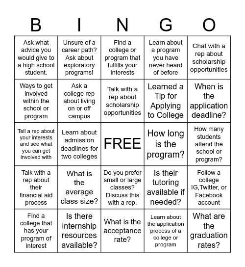 College & Career Fair Bingo! Bingo Card