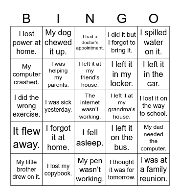 Homework Excuses Bingo Card