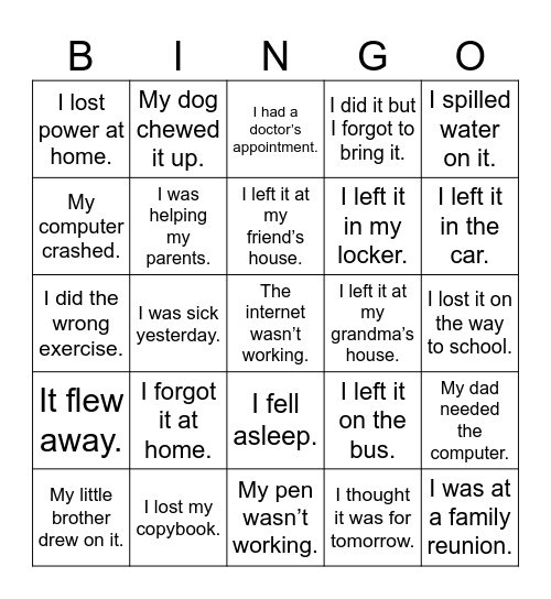 Homework Excuses Bingo Card