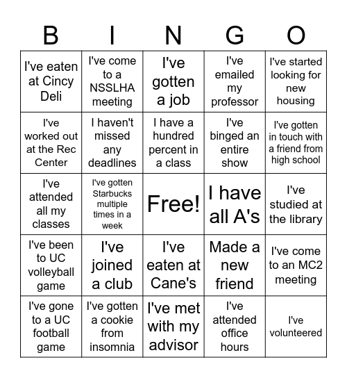 Freshman Goals Bingo Card