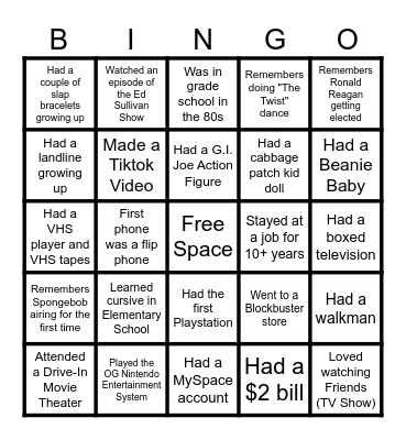 Generational Bingo Card