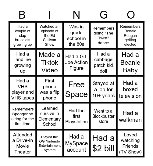 Generational Bingo Card