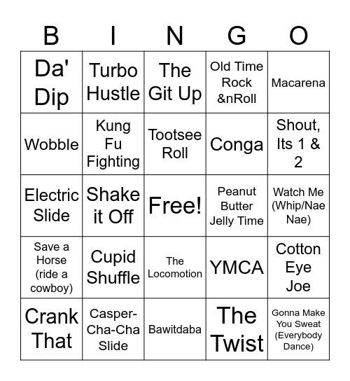 Dance Step Songs Bingo Card