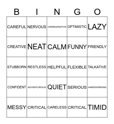 Personality Bingo Card