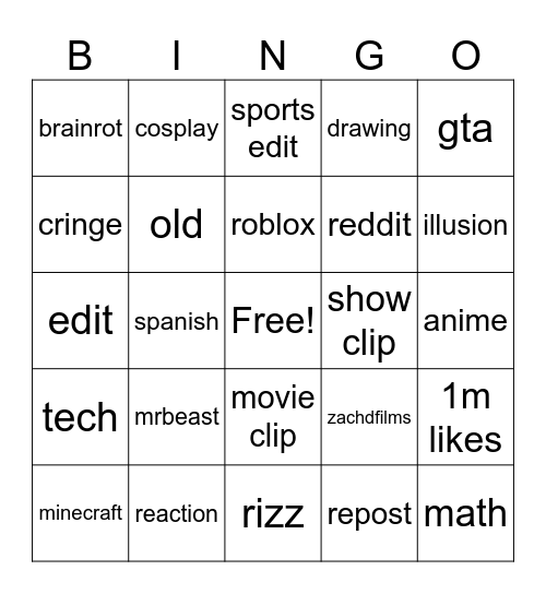 YouTube shorts Bingo Card