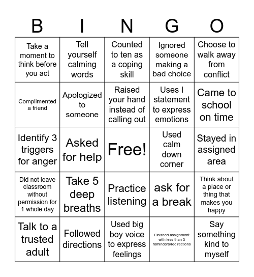 Counseling Bingo Card