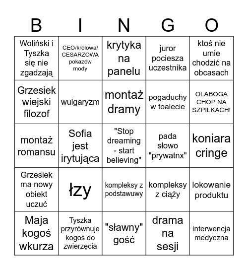 Top Model s13 uniwersalny Bingo Card