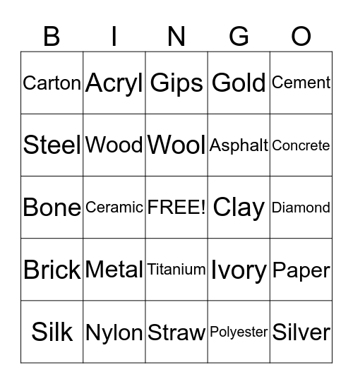 Material Bingo Card