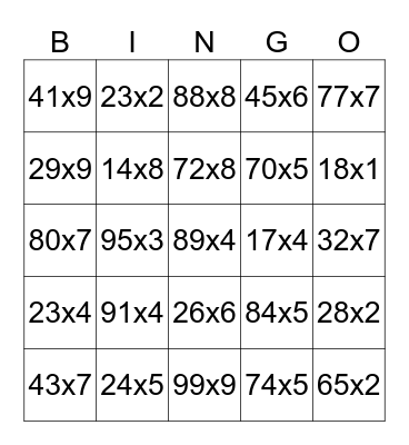 Multiplication Bingo Card