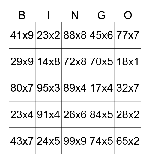 Multiplication Bingo Card