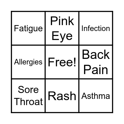 Common Illness Bingo Card