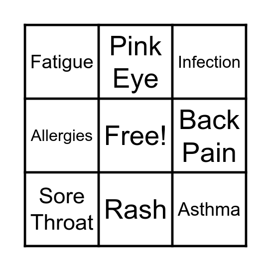 Common Illness Bingo Card