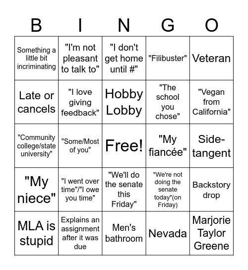 Kevinisms Bingo Card