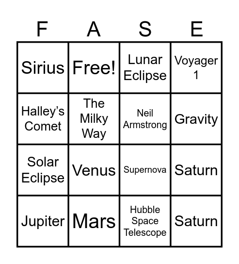 Astronomy Bingo Card