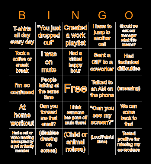 Work From Home Bingo Card