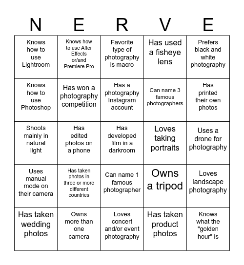 Nerve Photography Bingo!! Bingo Card