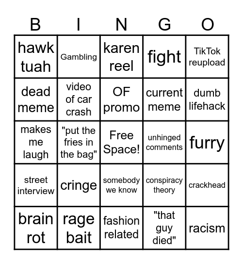 Instagram reel bingo Card