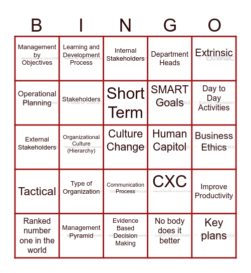 Management Presentation Bingo Card