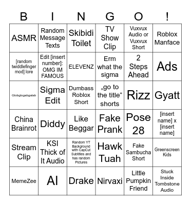 Zejnel Zendeli‘s Brainrot Bingo Card
