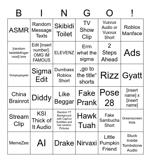 Zejnel Zendeli‘s Brainrot Bingo Card