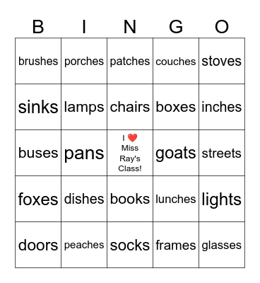 Regular Plural Nouns Bingo Card