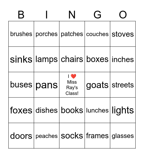 Regular Plural Nouns Bingo Card