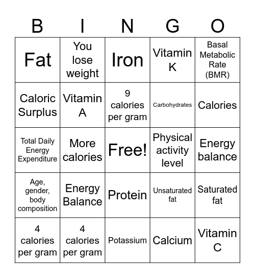 Energy Balance Bingo Card