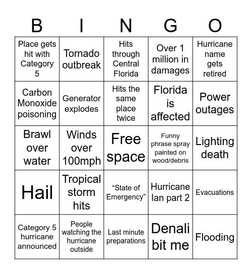 Hurricane Bingo Card