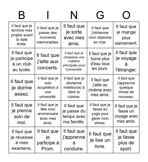 Bucket List Bingo Card