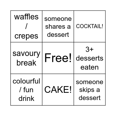Dessert Crawl Bingo Card