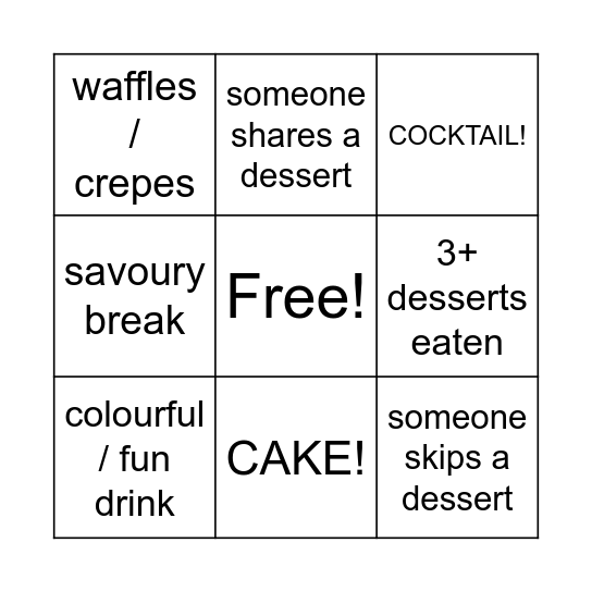 Dessert Crawl Bingo Card