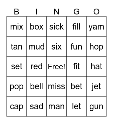 Short vowel sounds Bingo Card