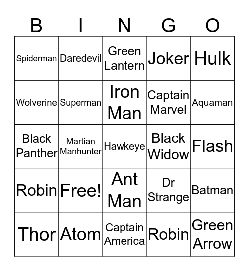 Super Heros Bingo Card