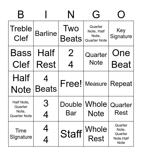 Basic Music Bingo Quarter 1 Bingo Card