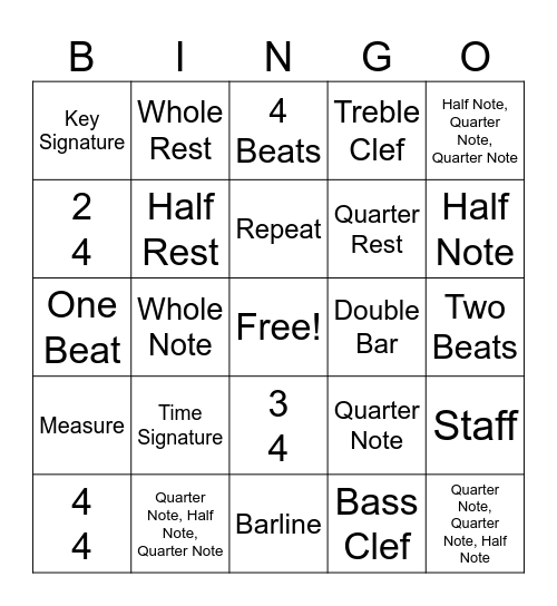 Basic Music Bingo Quarter 1 Bingo Card