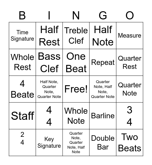 Basic Music Bingo Quarter 1 Bingo Card