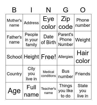 Personal information Bingo Card