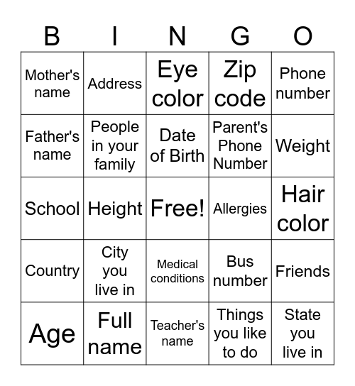 Personal information Bingo Card