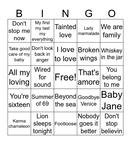 Music Bingo Hits 17  Bingo Card