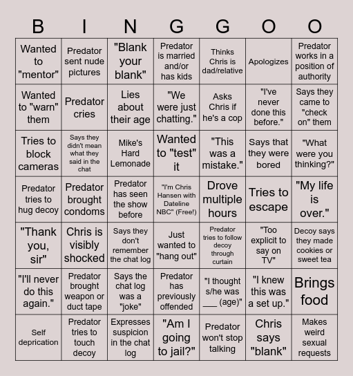 To Catch A Predator with Chris Hansen Bingo Card