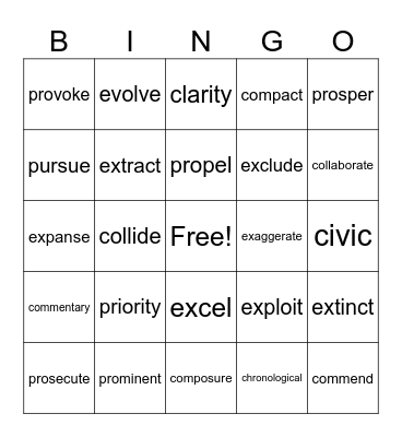 Vocabulary Bingo Card