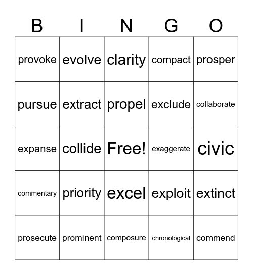 Vocabulary Bingo Card