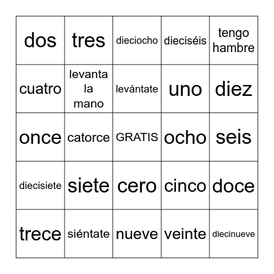 LOS NÚMEROS 0-20 Bingo Card